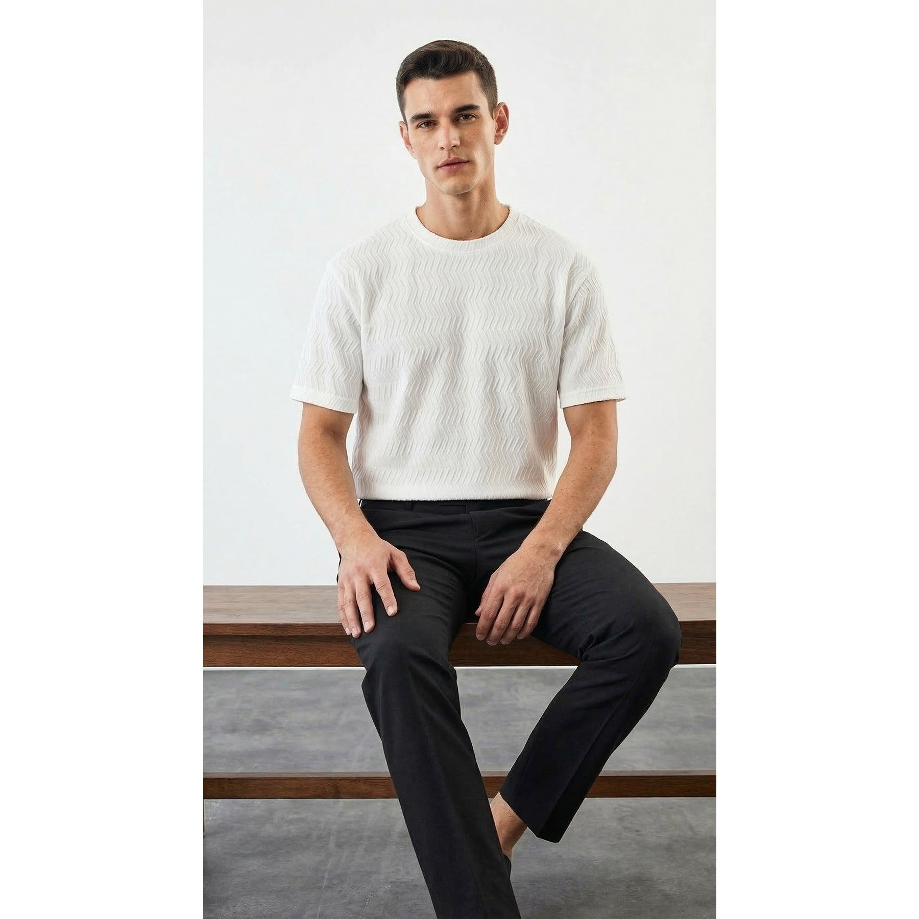 White Textured Crew Neck Tshirt | Montivo Pakistan