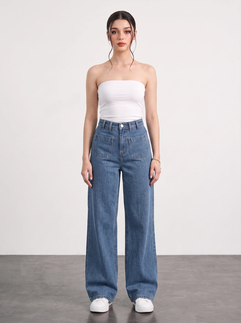 Mid Blue Patch Pocket Wide Leg Jeans | Montivo Pakistan