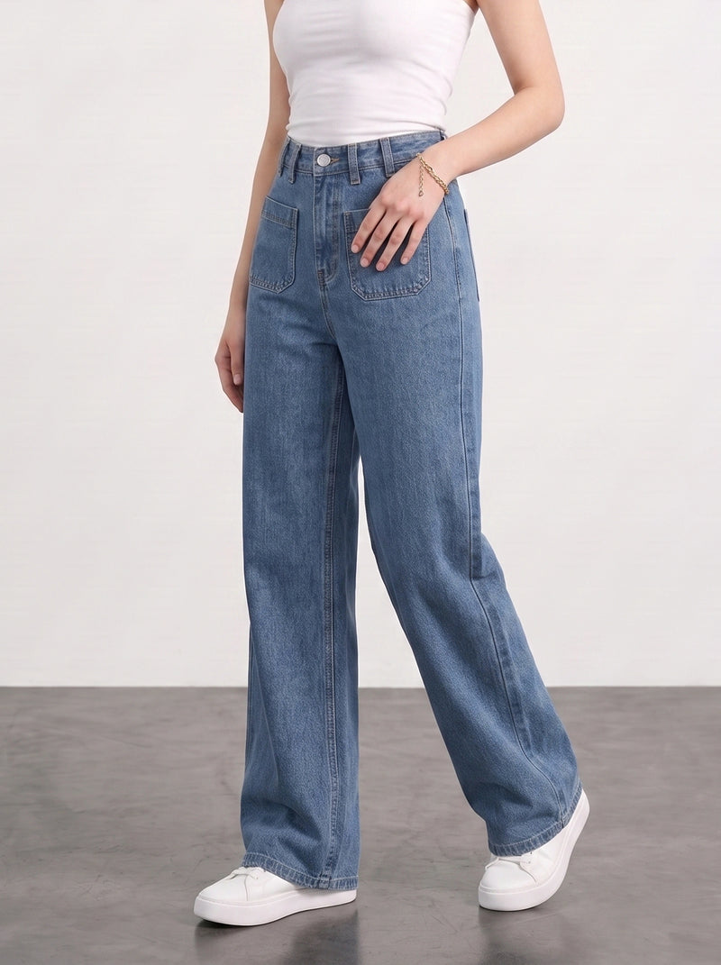 Mid Blue Patch Pocket Wide Leg Jeans | Montivo Pakistan