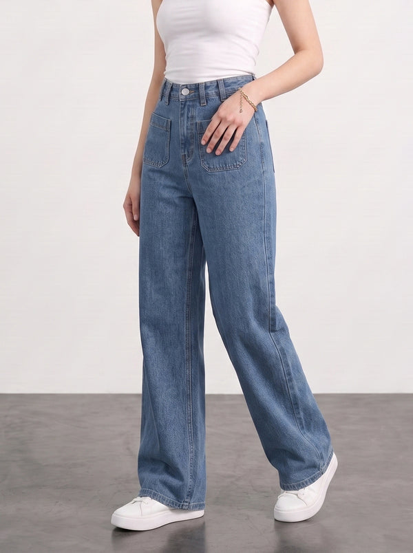 Mid Blue Patch Pocket Wide Leg Jeans | Montivo Pakistan