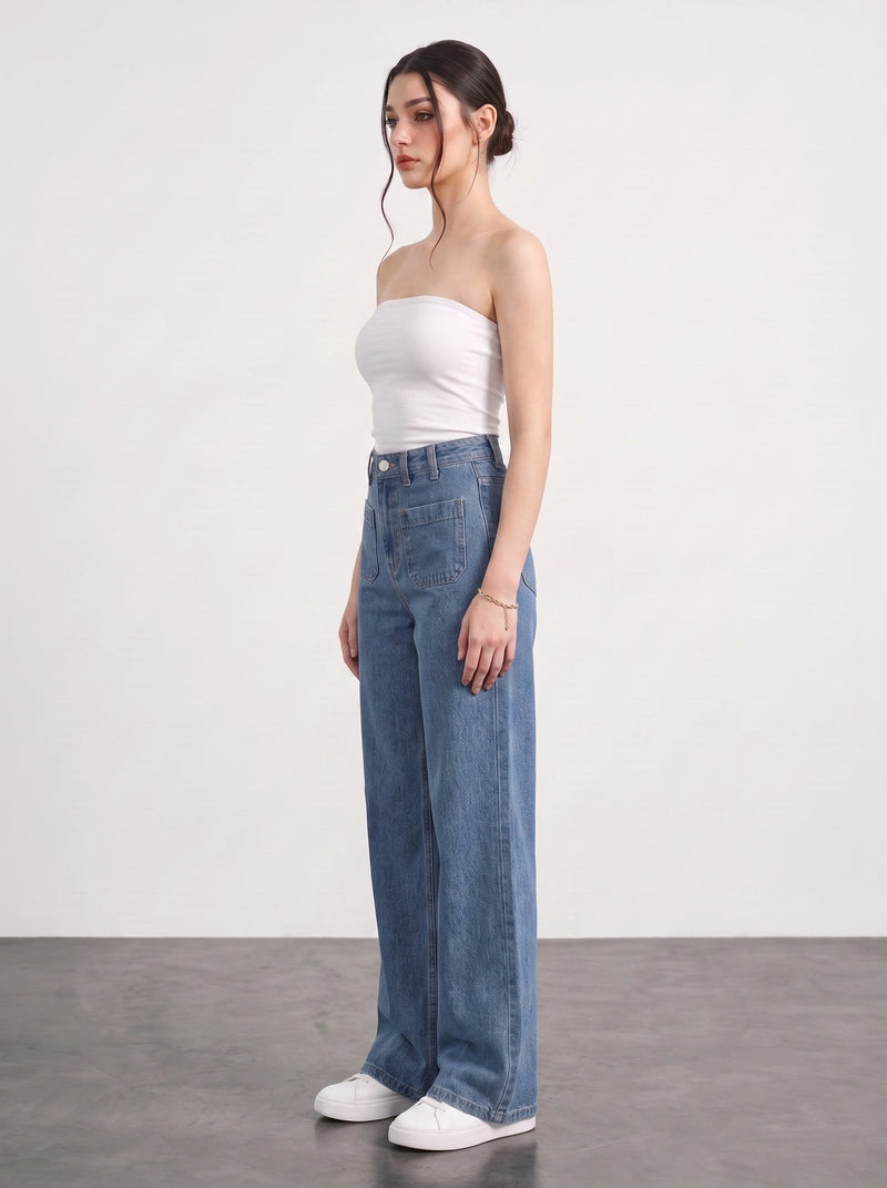 Mid Blue Patch Pocket Wide Leg Jeans | Montivo Pakistan