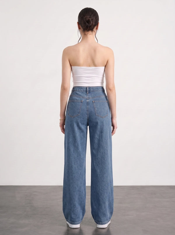 Mid Blue Patch Pocket Wide Leg Jeans | Montivo Pakistan
