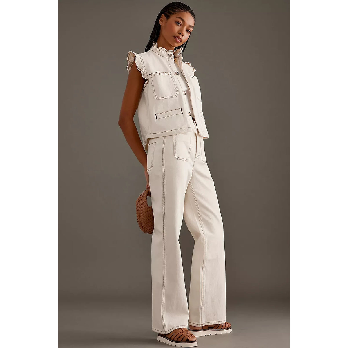 Ecru Wide Leg Front Pocket Jeans | Montivo Pakistan