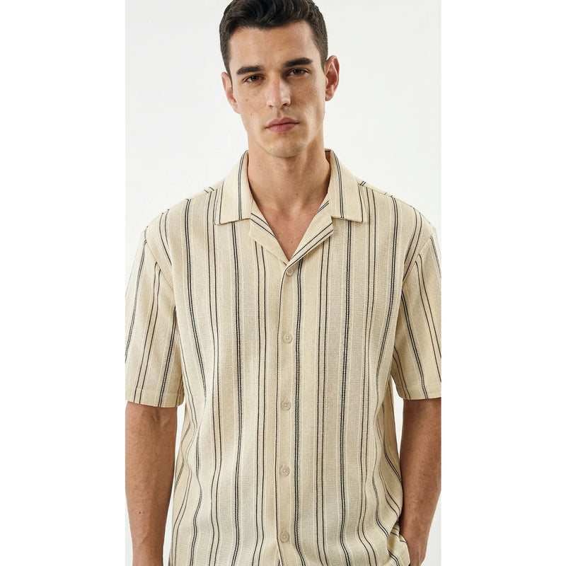 Textured Wheat Stripe Cuban Oversized Shirt | Montivo Pakistan