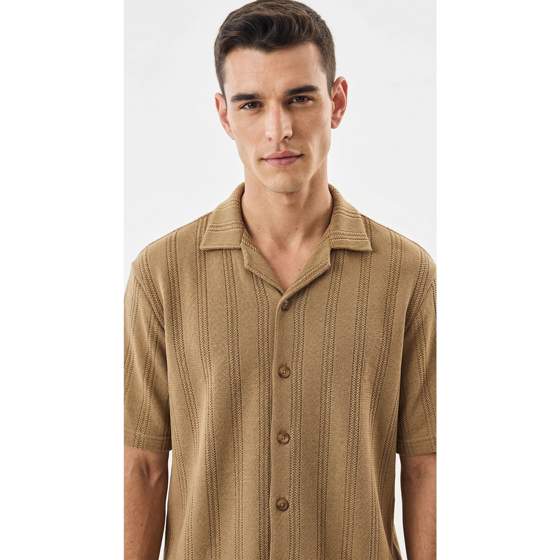 Khaki Crochet Knit Cuban Shirt | Montivo Pakistan