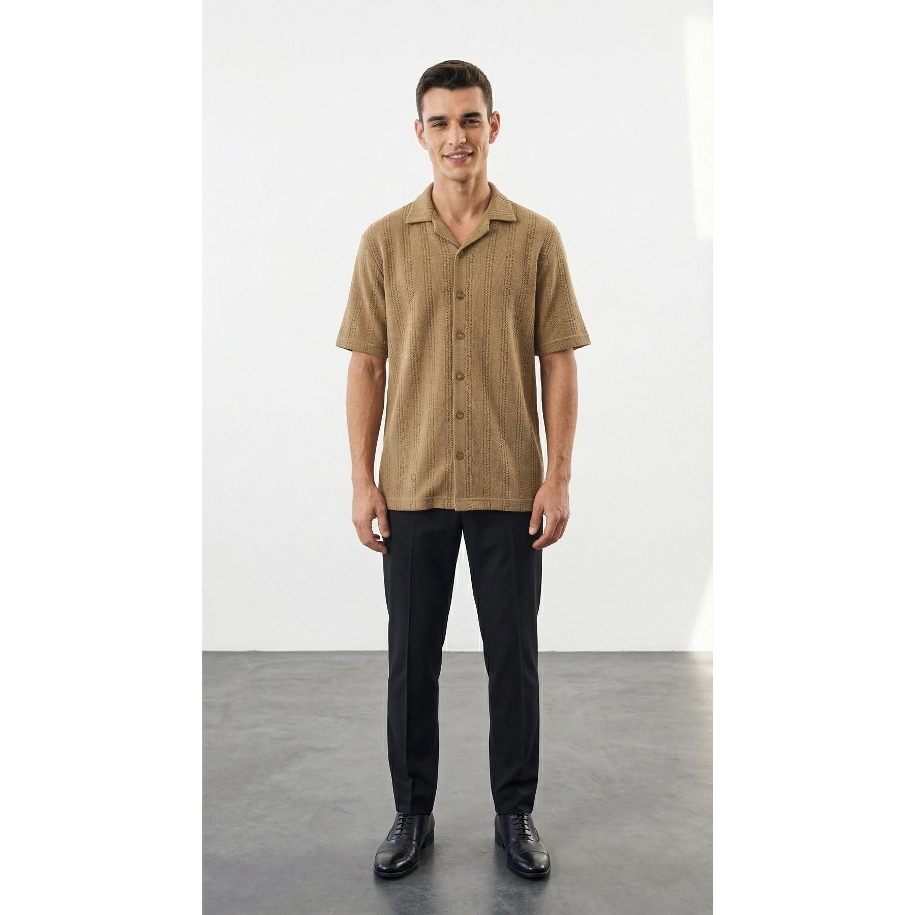 Khaki Crochet Knit Cuban Shirt | Montivo Pakistan