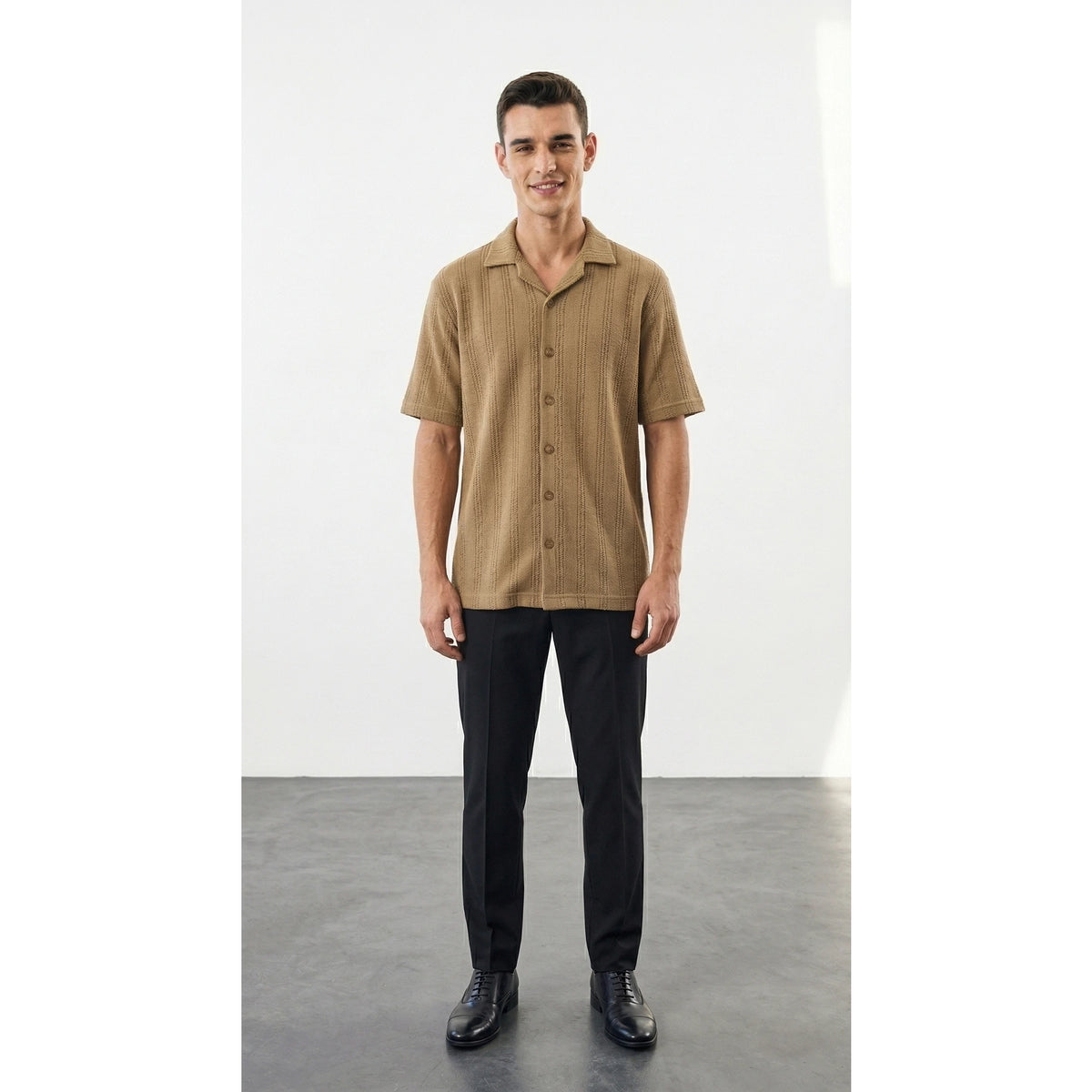 Khaki Crochet Knit Cuban Shirt | Montivo Pakistan