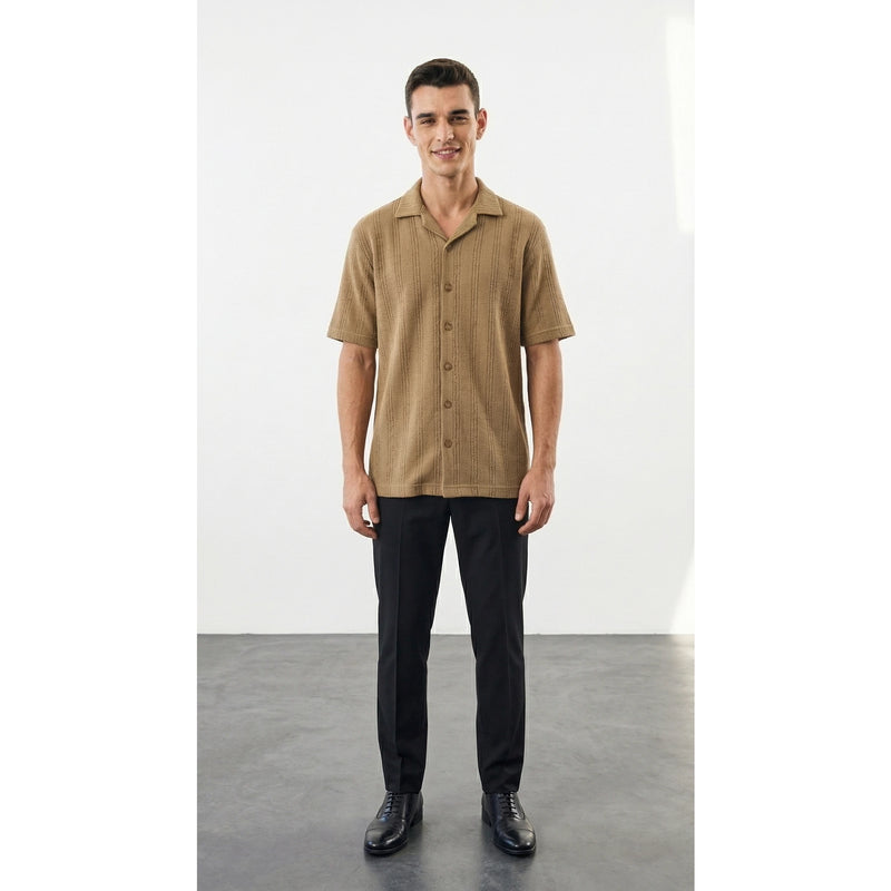 Khaki Crochet Knit Cuban Shirt | Montivo Pakistan