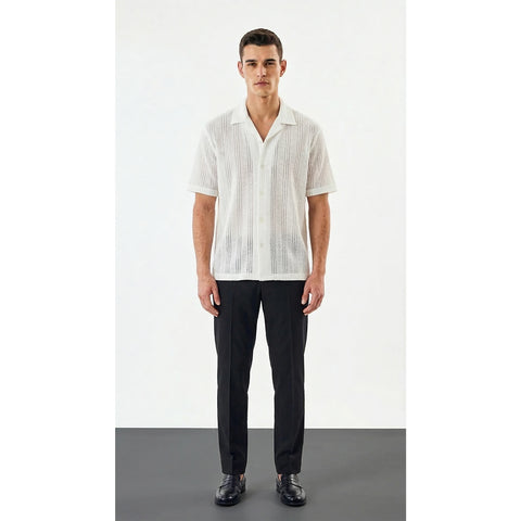 White Crochet Knit Cuban Shirt
