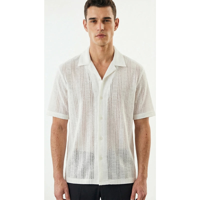 White Crochet Knit Cuban Shirt | Montivo Pakistan