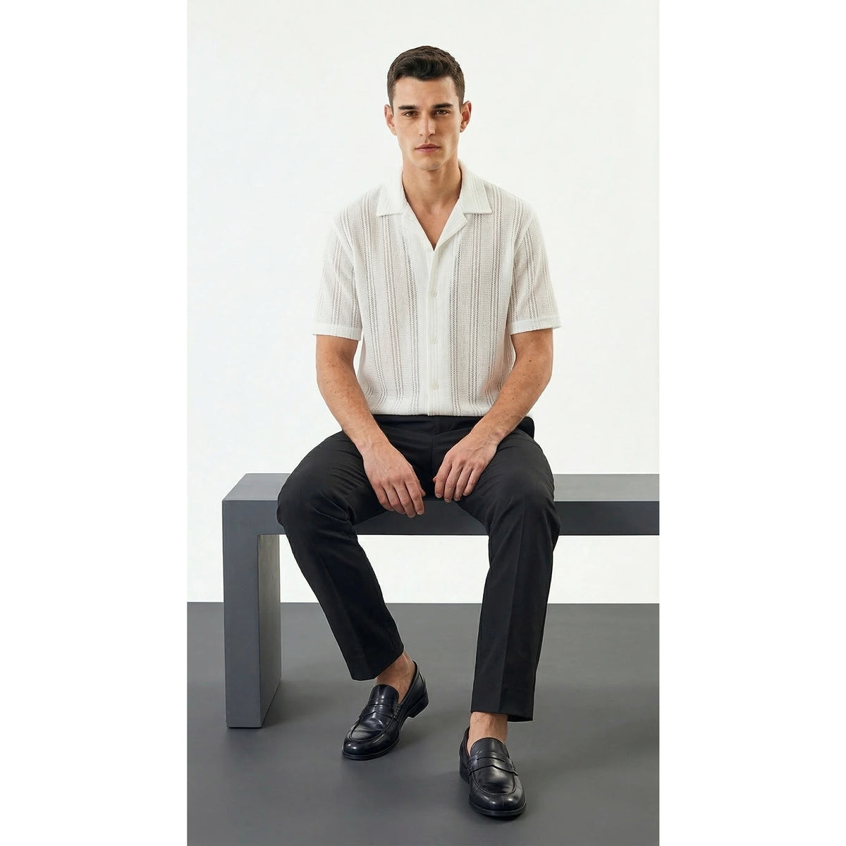 White Crochet Knit Cuban Shirt