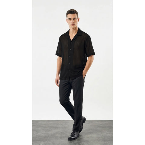 Black Crochet Knit Cuban Shirt
