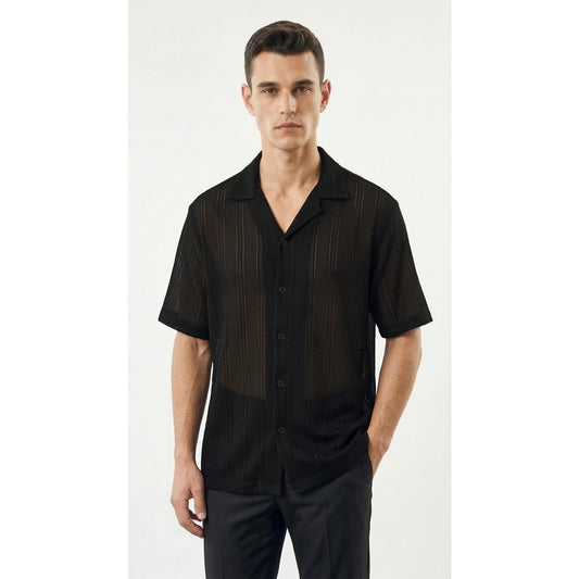 Black Crochet Knit Cuban Shirt