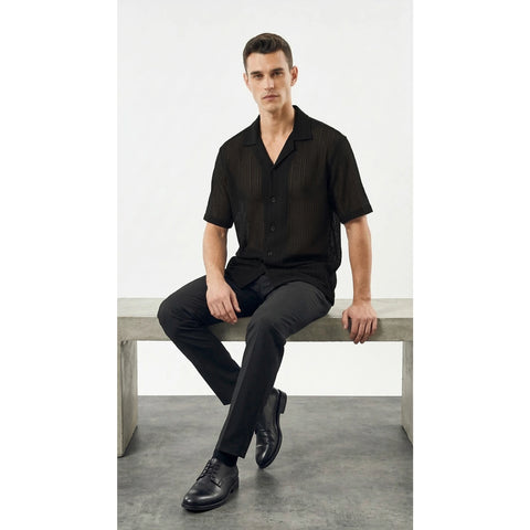 Black Crochet Knit Cuban Shirt