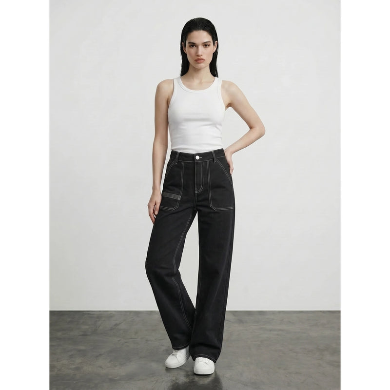 Black With Ecru Threads Wide Leg Jeans | Montivo Pakistan