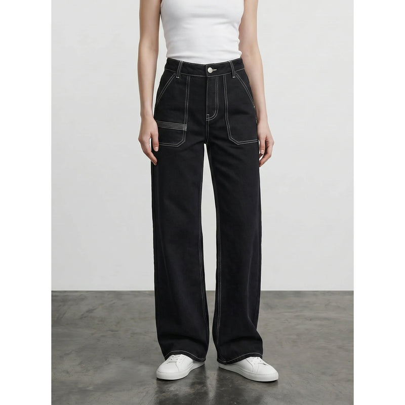 Black With Ecru Threads Wide Leg Jeans | Montivo Pakistan
