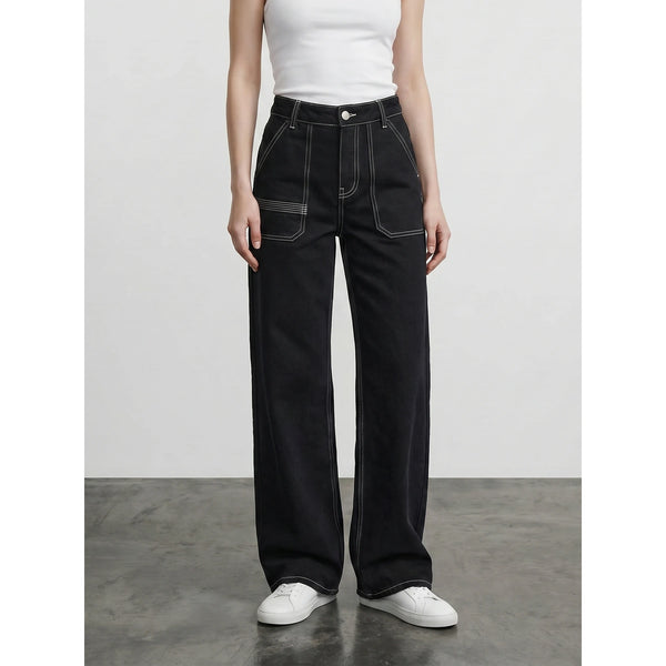 Black With Ecru Threads Wide Leg Jeans | Montivo Pakistan