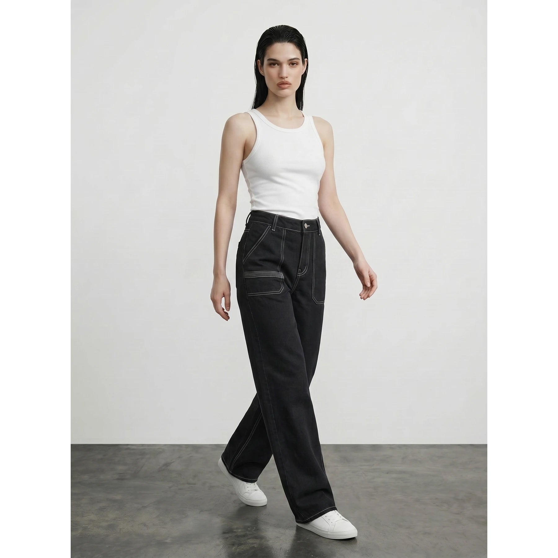 Black With Ecru Threads Wide Leg Jeans | Montivo Pakistan