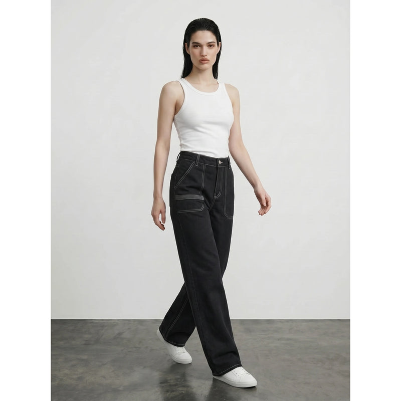 Black With Ecru Threads Wide Leg Jeans | Montivo Pakistan