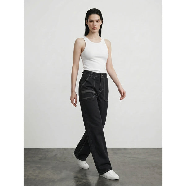 Black With Ecru Threads Wide Leg Jeans | Montivo Pakistan