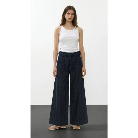 Rinse Wash Pleated Cropped Wide Leg Jeans