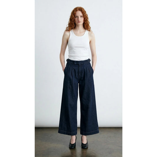 Rinse Wash Pleated Cropped Wide Leg Jeans