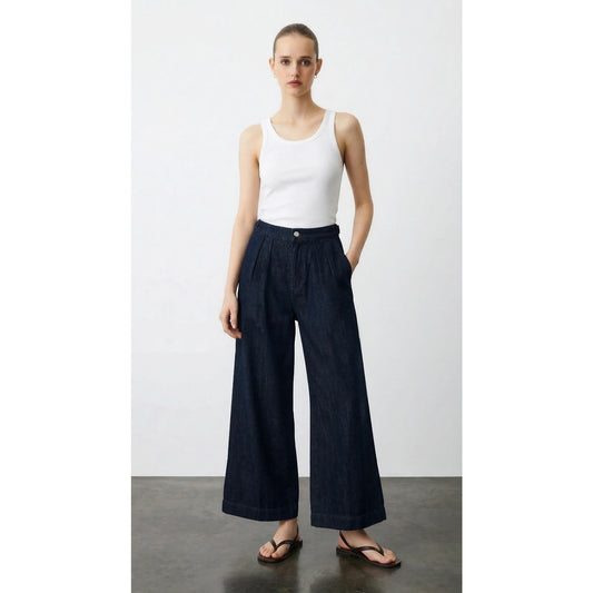 Rinse Wash Pleated Cropped Wide Leg Jeans