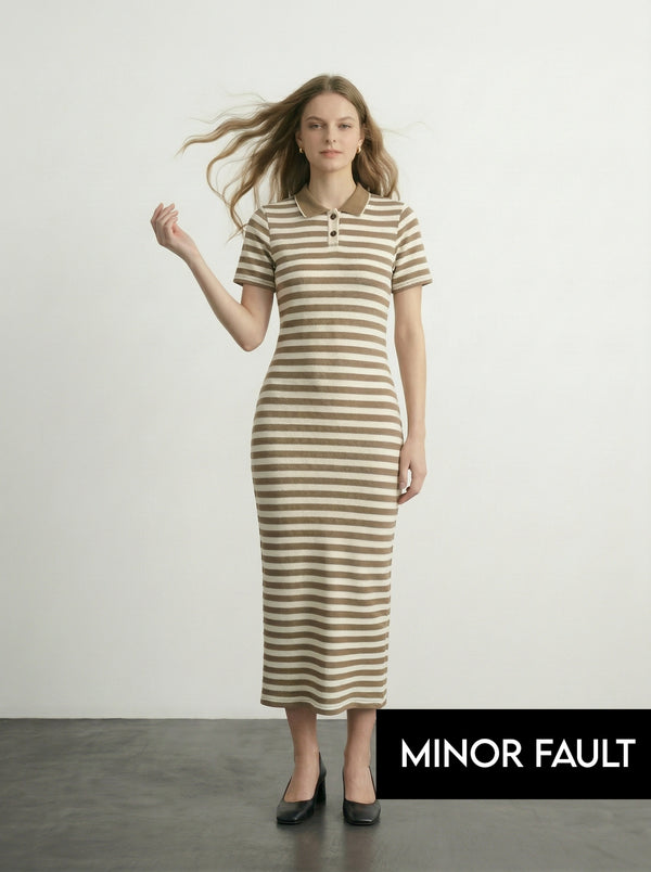 (Minor Fault) Beige Stripes Polo Bodycon Dress | Montivo Pakistan