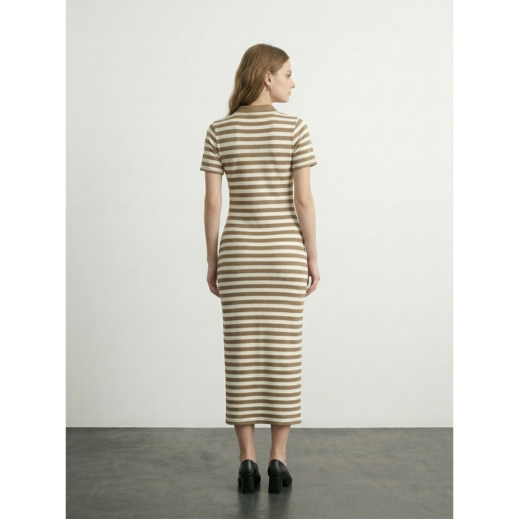 Beige Stripes Polo Bodycon Dress | Montivo Pakistan