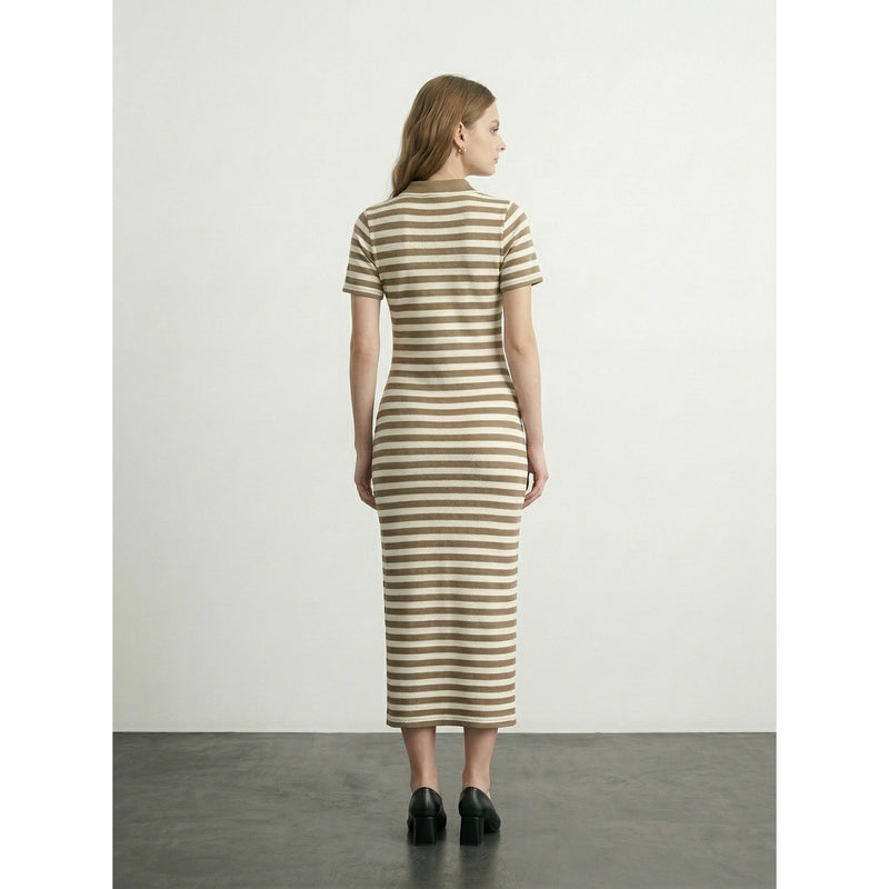 Beige Stripes Polo Bodycon Dress | Montivo Pakistan