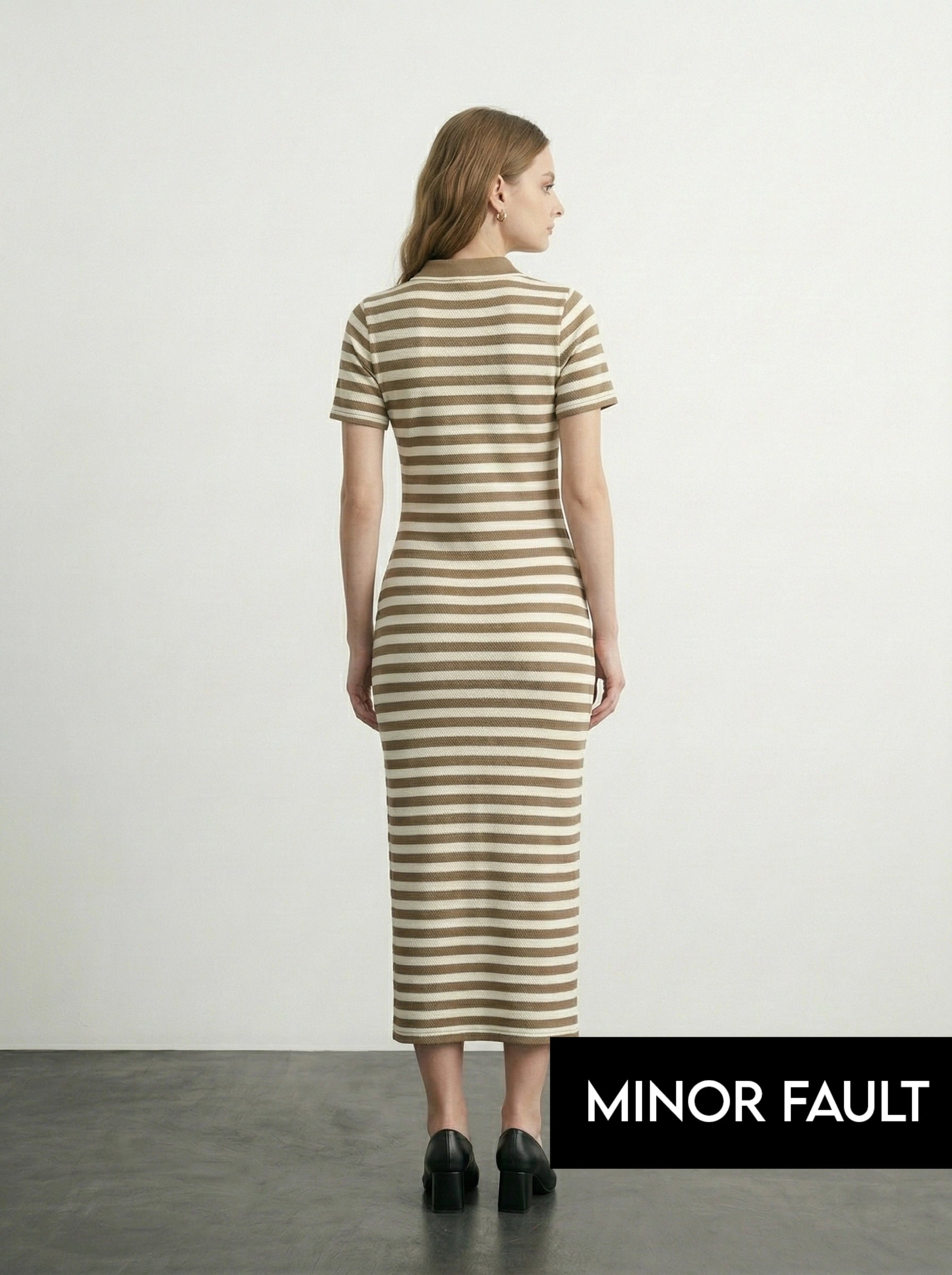 (Minor Fault) Beige Stripes Polo Bodycon Dress | Montivo Pakistan
