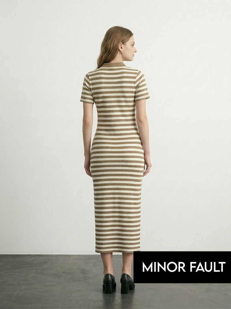(Minor Fault) Beige Stripes Polo Bodycon Dress | Montivo Pakistan