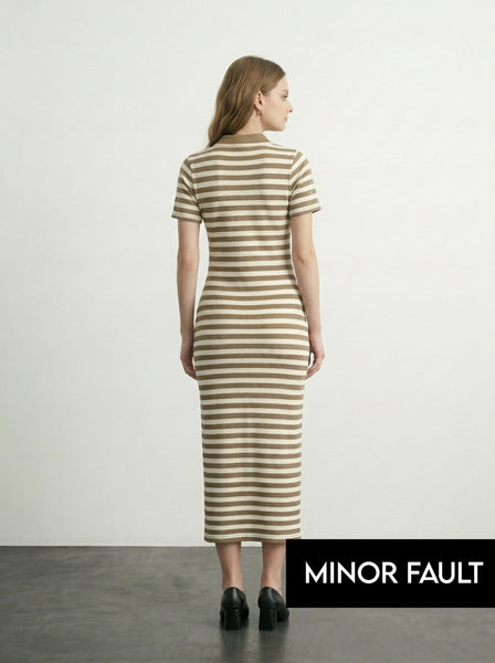 (Minor Fault) Beige Stripes Polo Bodycon Dress | Montivo Pakistan