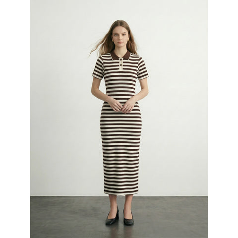Brown Stripes Polo Bodycon Dress | Montivo Pakistan