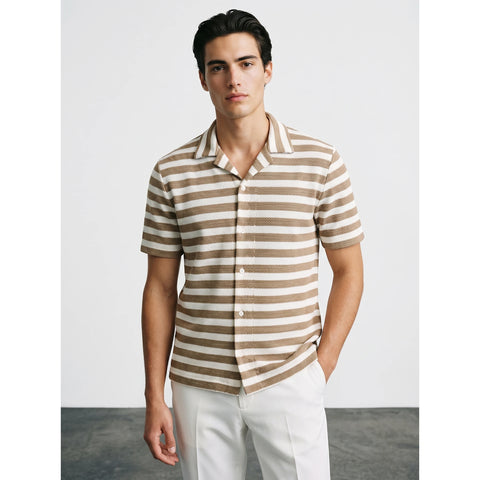Beige Stripes Cuban Shirt | Montivo Pakistan