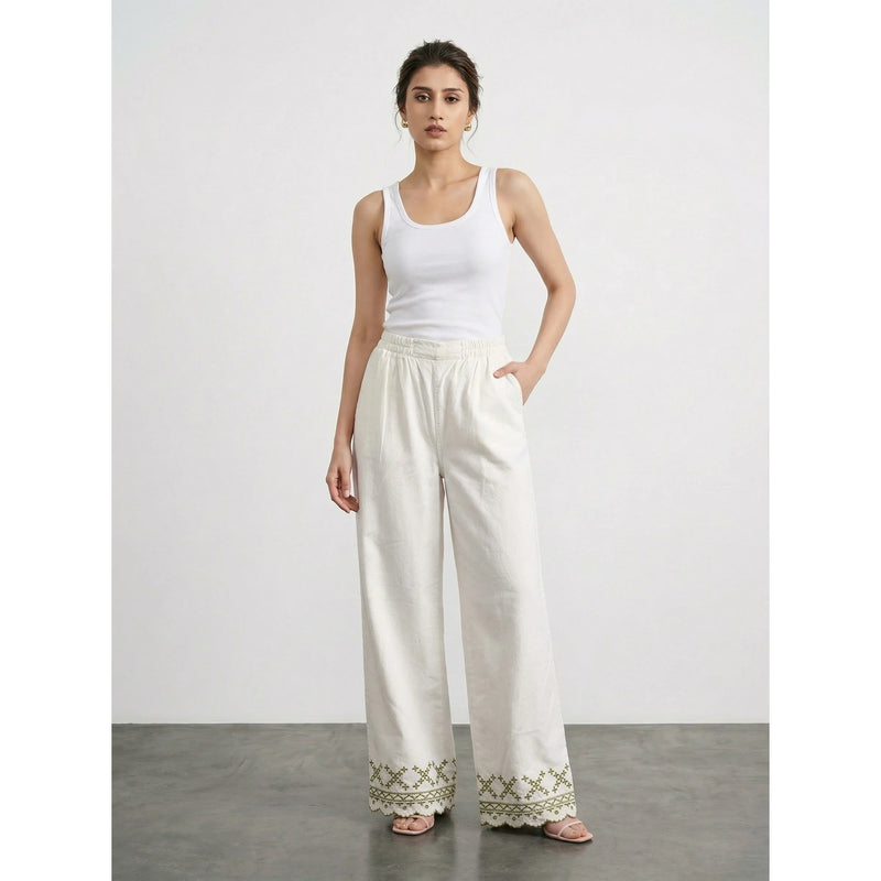 White Floral Wide Leg Denim Trousers | Montivo Pakistan