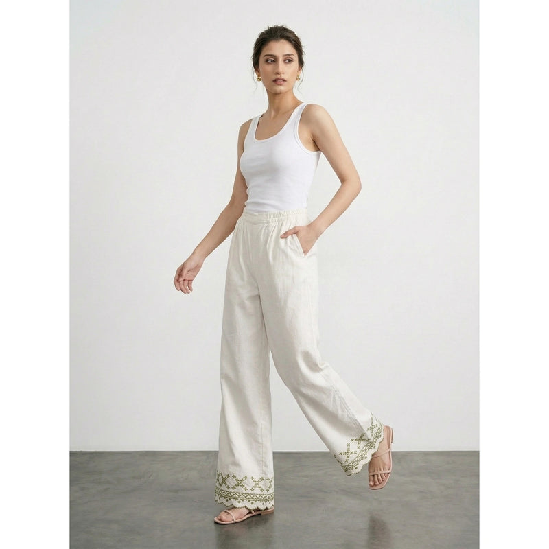 White Floral Wide Leg Denim Trousers | Montivo Pakistan