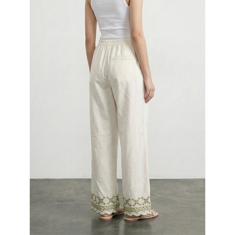 White Floral Wide Leg Denim Trousers | Montivo Pakistan