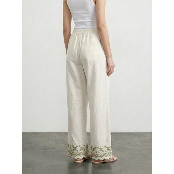 White Floral Wide Leg Denim Trousers | Montivo Pakistan