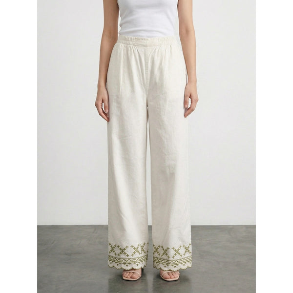 White Floral Wide Leg Denim Trousers | Montivo Pakistan
