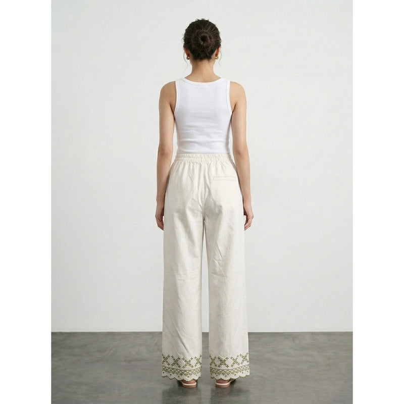 White Floral Wide Leg Denim Trousers | Montivo Pakistan