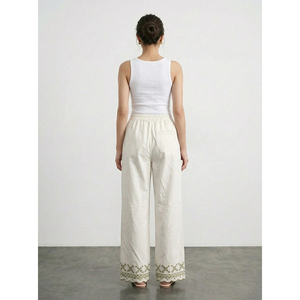 White Floral Wide Leg Denim Trousers | Montivo Pakistan