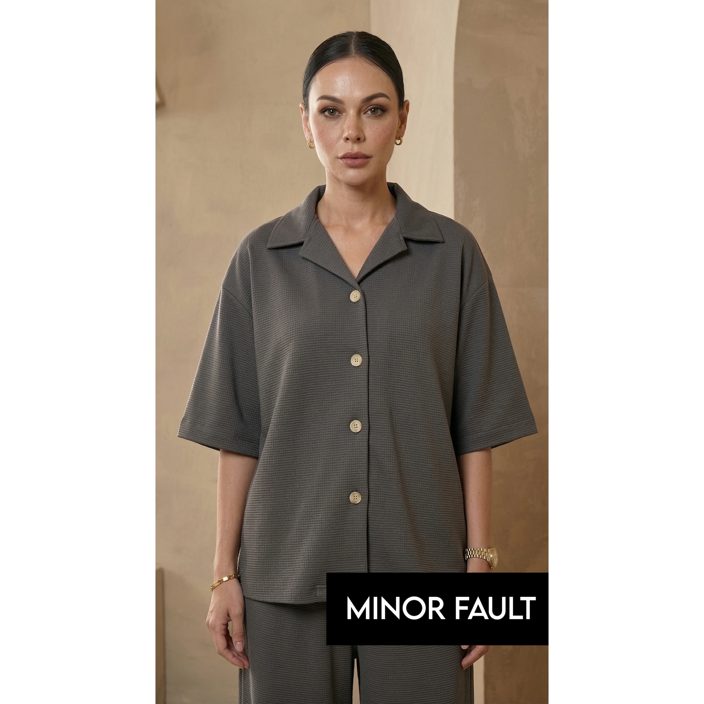 (Minor Fault) Steel Grey Waffle Cuban Collar Shirt | Montivo Pakistan