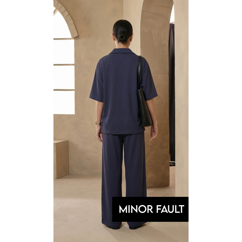 (Minor Fault) Navy Blue Waffle Cuban Collar Shirt | Montivo Pakistan