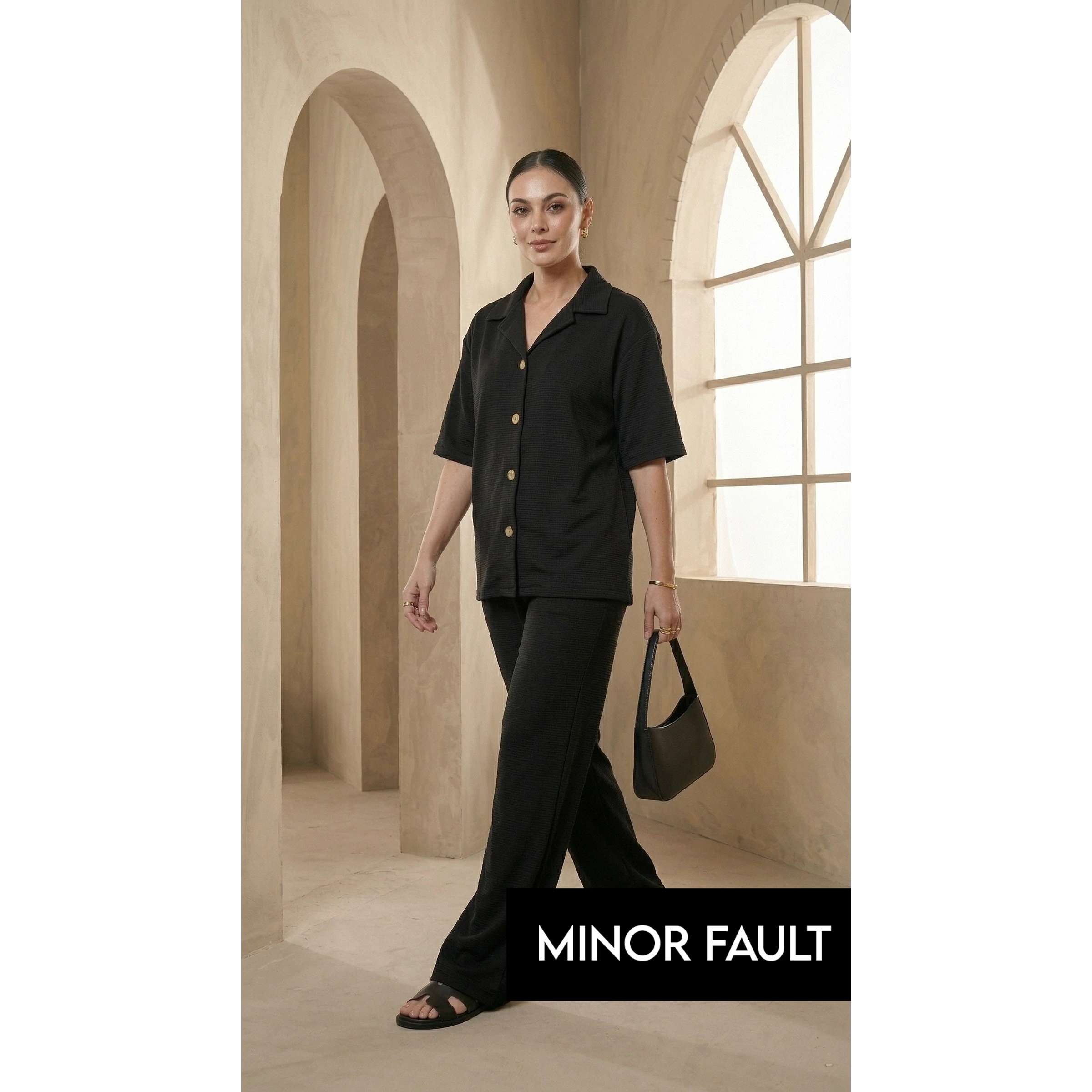 (Minor Fault) Black Waffle Wide Leg Trousers | Montivo Pakistan