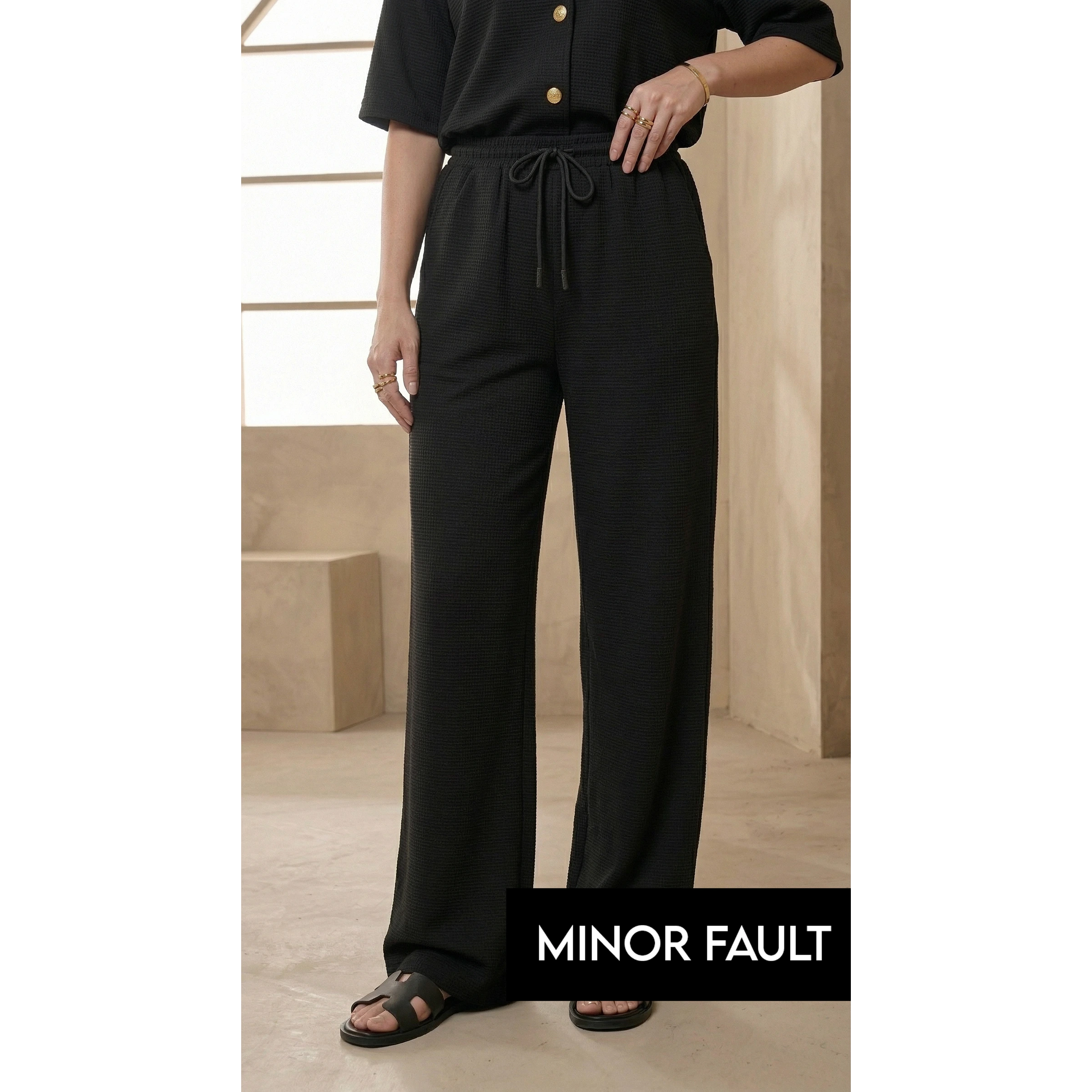 (Minor Fault) Black Waffle Wide Leg Trousers | Montivo Pakistan