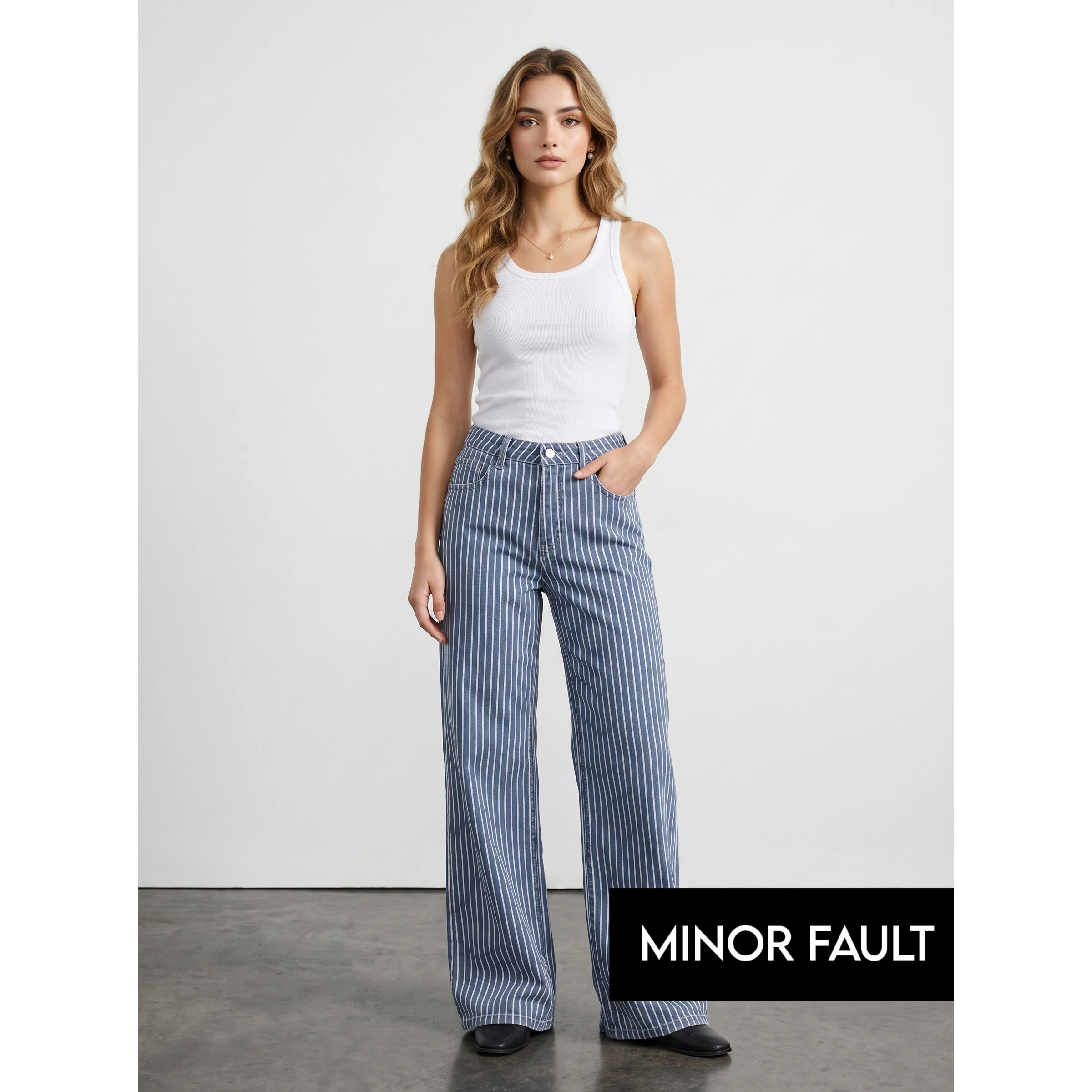 (Minor Fault) Blue Stripes Wide Leg Jeans | Montivo Pakistan