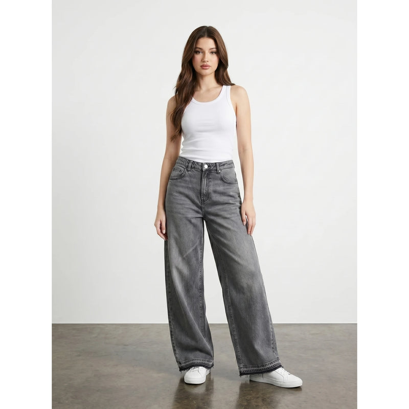 Grey Frayed Hem Wide Leg Jeans | Montivo Pakistan