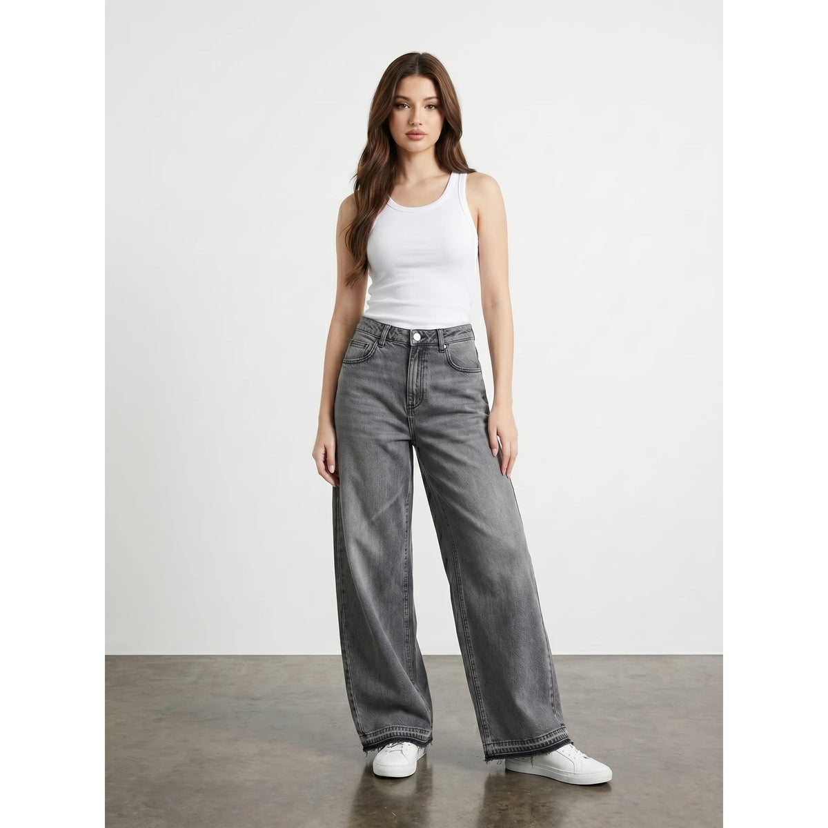 Grey Frayed Hem Wide Leg Jeans | Montivo Pakistan