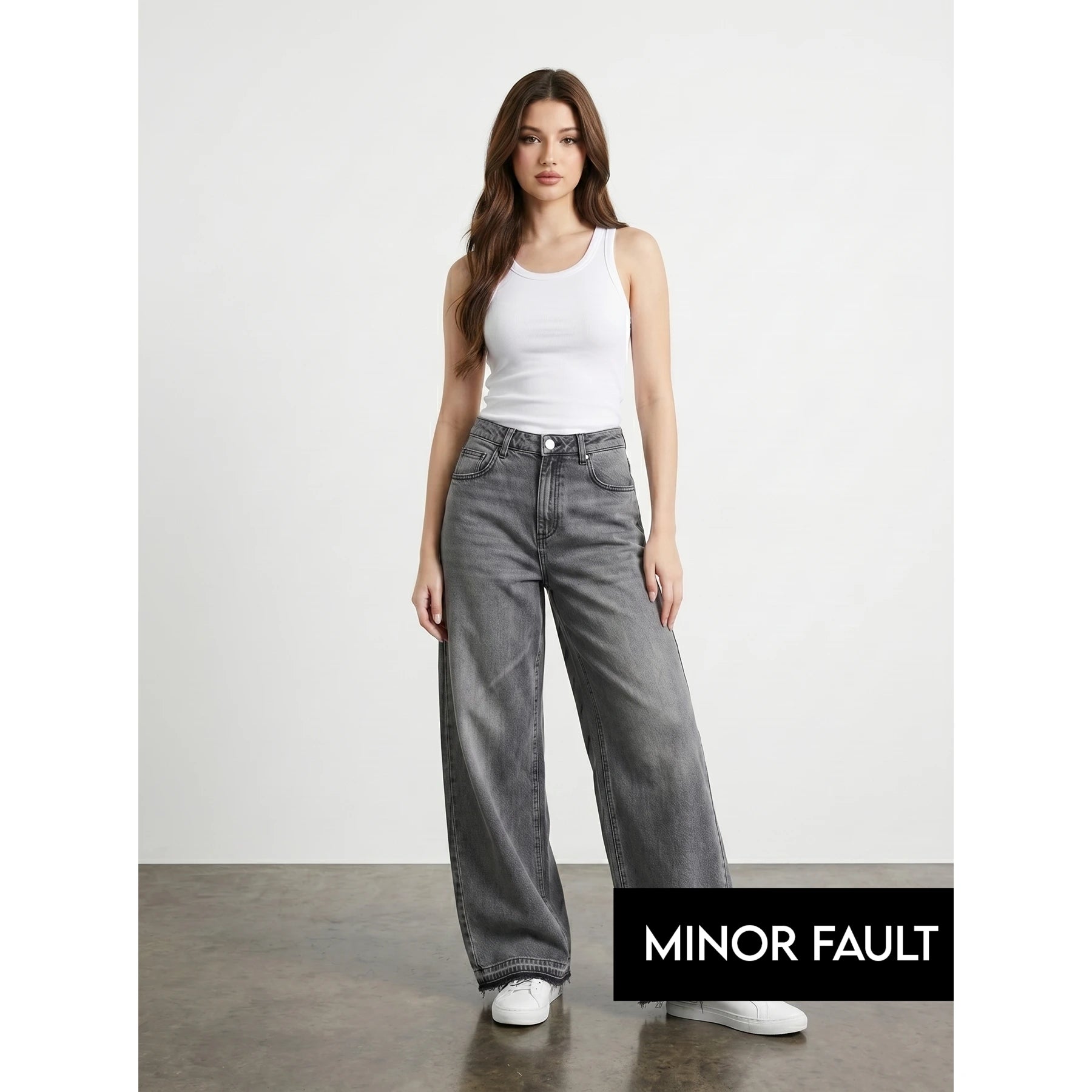 (Minor Fault) Grey Frayed Hem Wide Leg Jeans | Montivo Pakistan